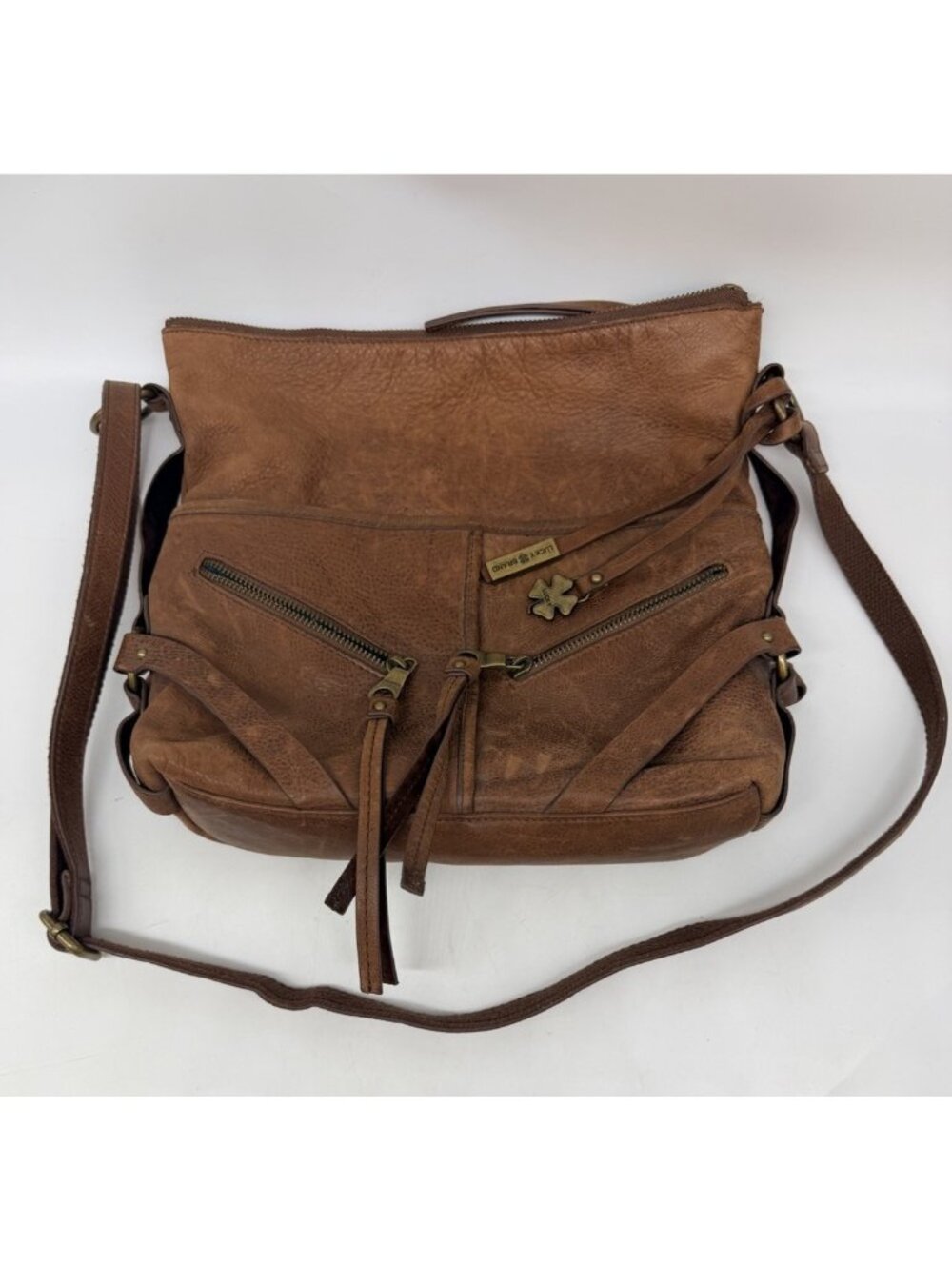 Lucky Brand Purse Delta Crossbody Hobo Genuine Leather Brown Zips Slouchy Look